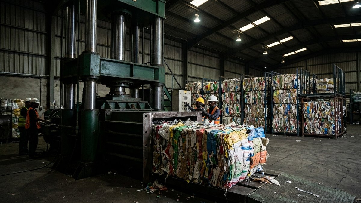 Hydraulic bale press machine compressing woven sack material into dense bales