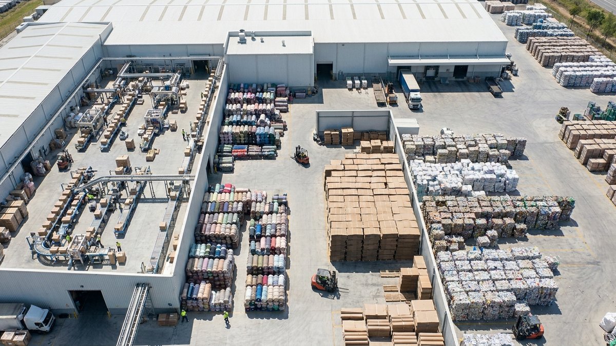 Aerial view of diverse industrial manufacturing facility showing packaging and textile production